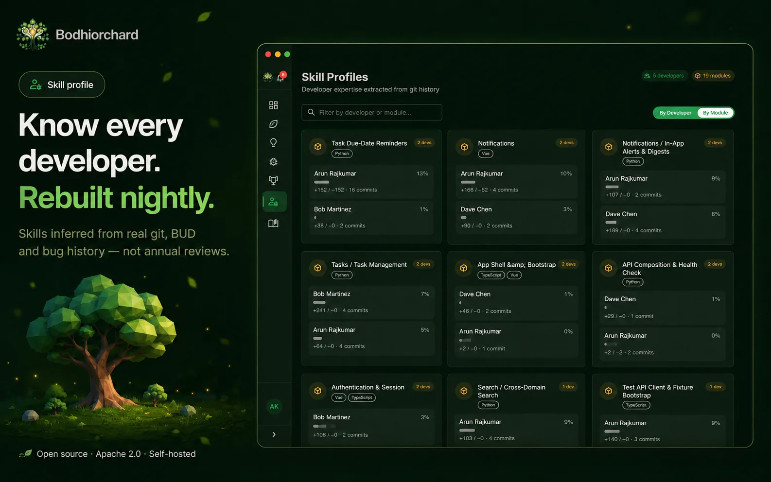 Developer skill profile — module-by-module scoring